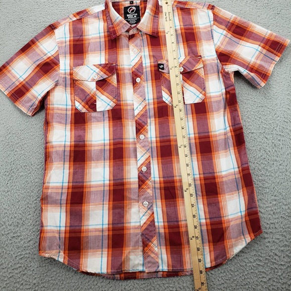 South Pole Shirt Mens Large Orange Button Up Short Sleeve Casual Plaid Pockets‎ - Picture 12 of 13
